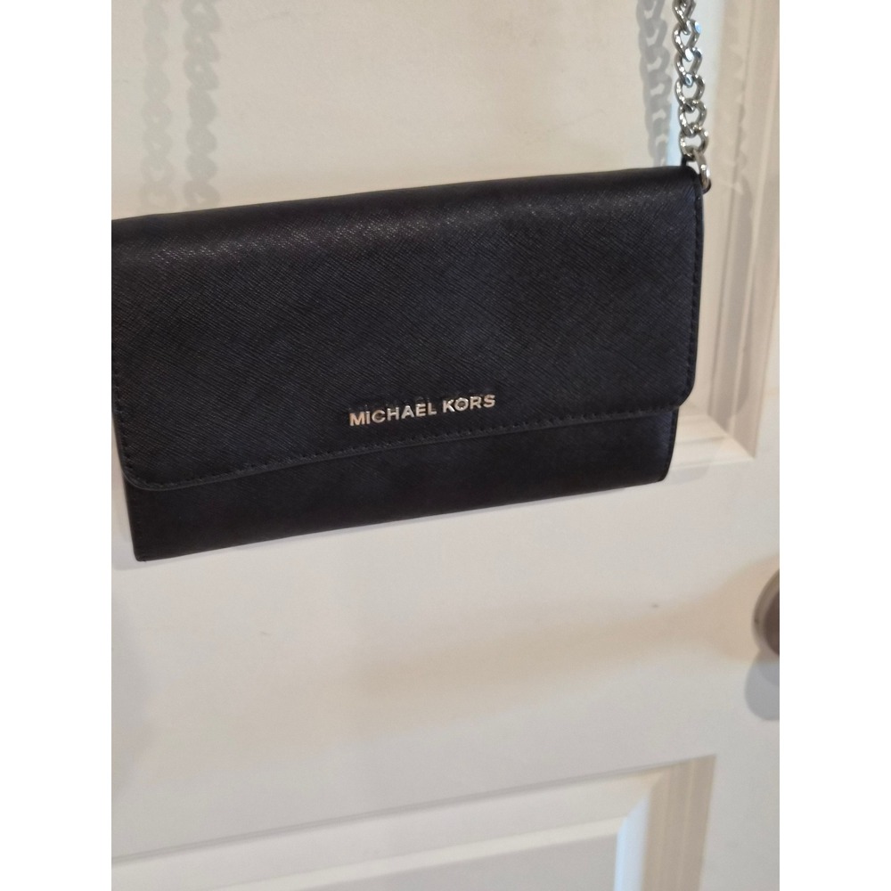 Michael Kors Black Saffiano Leather Crossbody Bag Silver Chain Strap - Picture 2 of 11